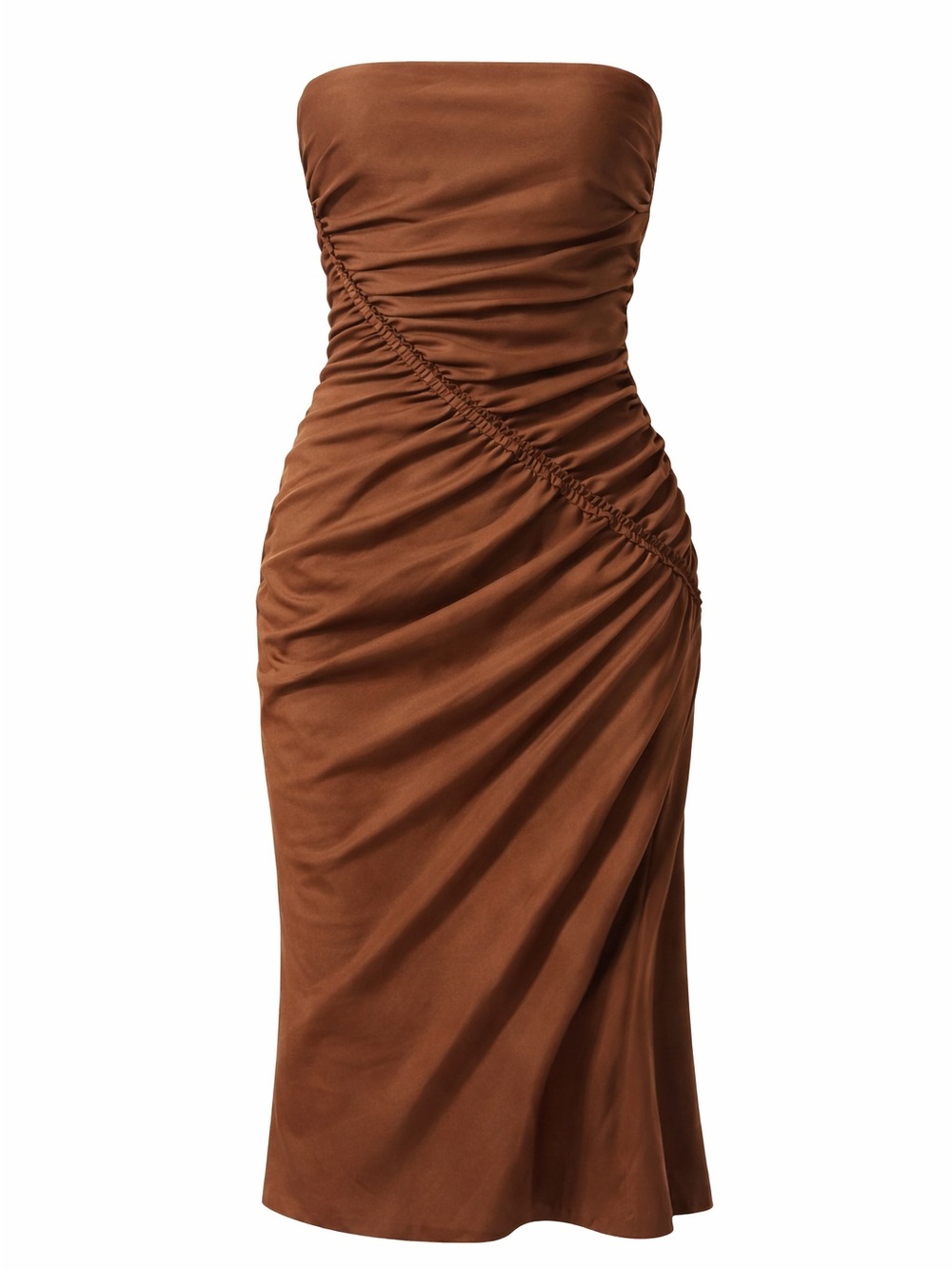 Anthropologie Strapless Ruched Midi Dress in Chestnut Brown